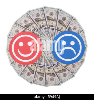 Rot und Blau lächeln Gesichter auf Mandala Kaleidoskop von Geld. Das Konzept von der Höhe der Einkommen von Männern und Frauen Stockfoto