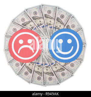 Rot und Blau lächeln Gesichter auf Mandala Kaleidoskop von Geld. Das Konzept von der Höhe der Einkommen von Männern und Frauen Stockfoto