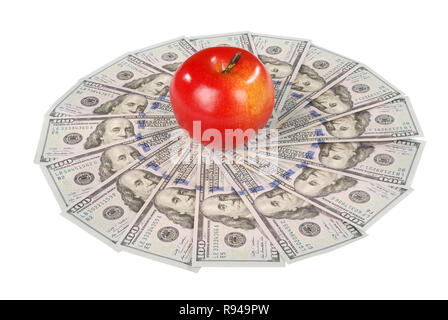 Apple auf Mandala Kaleidoskop von Geld. Abstrakte Geld Hintergrund raster Muster wiederholen Mandala Kreis Stockfoto