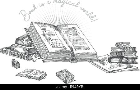 Banner mit hand Zeichnung Skizze Bücher auf Weiß und Text Buch isoliert ist eine wunderbare Welt. Konzept Vintage Design für Messe oder Festival Flyer, Buchladen Werbung in Gravur Stil Stock Vektor