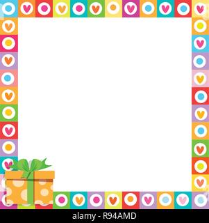 Vektor cute lebendige Grenze Bilderrahmen von Doodle Herzen mit orange Geschenkbox mit Schleife in der Ecke. Rainbow farbige Vorlage mit Copyspace für V Stock Vektor
