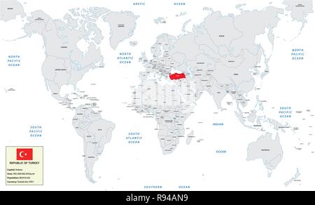 Weltkarte mit der Republik Türkei, kleine Informationen, und Flagge Stock Vektor