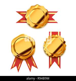Set os Helle goldene Auszeichnungen mit roten Bändern, glänzende Sieger Abzeichen isoliert auf weißem Stock Vektor