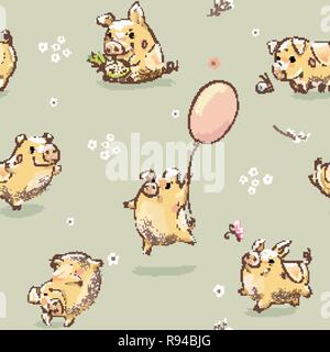 Lustige Happy Pig nahtlose Muster Abbildung. Cute Drucken mit Piggy Zeichen auf Ballon fliegen, halten Ananas Spaß. Sommer kindisch Gruß Set Symbol von 2019 Jahr Vektor für Geschenkpapier Stock Vektor