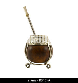 Argentinische Tee, Yerba MatA©, Calabash mit einem Metall oder Holz Dekorative Stroh & Filter Schale genannt La Bombilla. Stockfoto