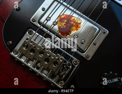 Schildpatt Picks oder plektrum ruht auf den Saiten einer elektrischen Gitarre. Stockfoto