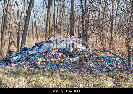 Detroit, Michigan - viele Hunderte von Flaschen und Dosen, die sich illegal in einem bewaldeten Gebiet in der Nähe der Innenstadt. Viele sind Saft oder Wasser Behälter, die n Stockfoto