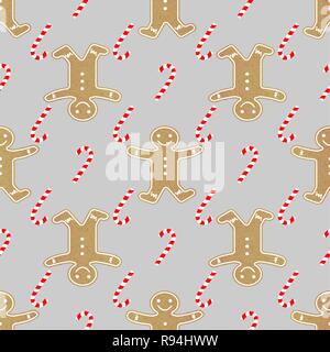 Weihnachten nahtlose Muster mit Lebkuchen und Süßigkeiten auf grauem Hintergrund 10 eps Stock Vektor