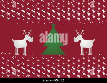 Weihnachten lustig Rotwild und Weihnachten Baum. Roter Hintergrund mit Schnee Stock Vektor