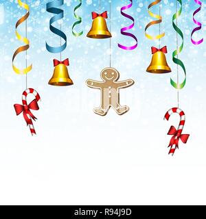 Neues Jahr Karte. Weihnachten Tannenzweigen mit Süßigkeiten, Serpentin, Glocke und Gingerbread Man Stock Vektor