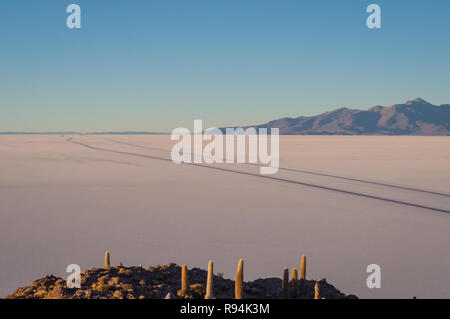 Blick auf den Sonnenaufgang über der Insel Incahuasi durch Salzsee Uyuni in Bolivien. Panoramablick Stockfoto