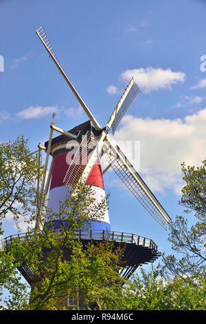 Die De Valk Windmühle in der Mitte der Stadt von Leiden gekleidet in den Farben der niederländischen Flagge auf der King's Day, Holland, Niederlande Stockfoto