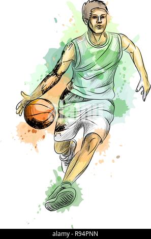 Abstrakte Basketball Spieler mit Ball von einem Splash von Aquarell Stock Vektor