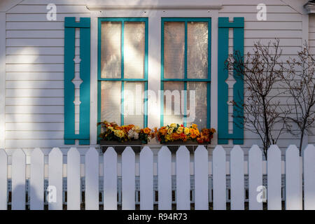 Weißen Lattenzaun; Fenster & flower Box; Salida, Colorado, USA Stockfoto