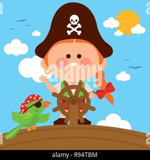 Captain eines Piratenmädels mit einem Lenkrad, der mit ihrem Papagei auf einem Schiff im Meer segelt. Niedlicher Karikaturkinder auf einem Boot. Vektorabbildung Stock Vektor