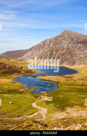 Hoch oben Llyn Idwal im Cwm Idwal National Nature Reserve mit Pen Jahr Ole Wen Berg jenseits in Snowdonia National Park. Ogwen Gwynedd Wales UK Stockfoto