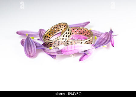 Goldene Hochzeit Ringe mit irischen Ornamente und daisybush (Osteospermum barberiae) Blütenblätter Stockfoto