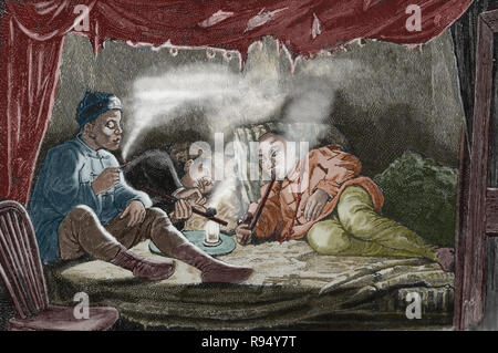 Opium opium Raucher in einer Höhle. Gravur, 19. Stockfoto