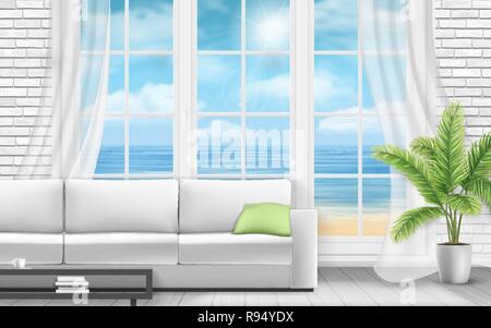 Wohnzimmer mit Fenster in der weissen Mauer, Sofa und Palme, Bücherregale und Bilderrahmen. Meer Blick aus dem Fenster. Realistische Vektor il Stock Vektor