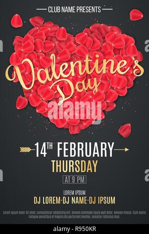 Happy Valentine's Day Flyer für die Party. Herz aus Rosenblättern mit goldenen Kalligraphie. Rosa glitzert. DJ und Club name. Plakat für Night Club. Vektor il Stock Vektor