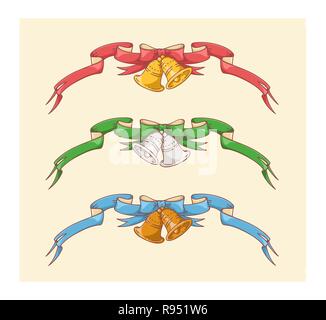 Weihnachtsschmuck set Bänder mit Glocken Dekorationen Sammlung von drei Farben Rot, Blau und Grün mit goldenen, silbernen und bronzenen Glocken isoliert Ve Stock Vektor