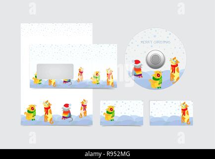 Winterurlaub leer Briefpapier Visitenkarten, Blatt, Umschlag und CD für die Weihnachtsgrüße mit Frohe Weihnachten und neues Jahr mit Katzen in Hüte Stock Vektor