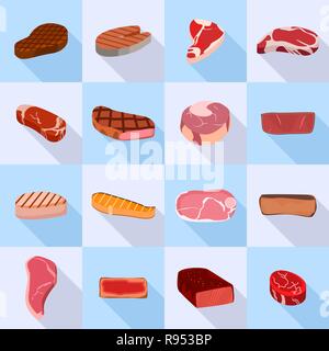 Steak Icon Set, flacher Stil Stock Vektor
