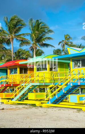 Bunte szenische Morgen Blick auf die hell gestrichenen Rettungstürme mit Kokosnuss Palmen auf der Promenade in South Beach in Miami, Florida, USA Stockfoto