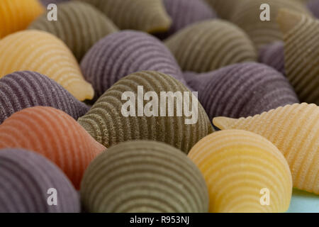 Extreme Nahaufnahme von Gemüse Pasta Muscheln - Conchiglie Rigate Stockfoto