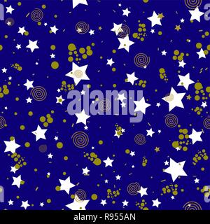 Geometrische nahtlose Muster in abstrakten Memphis style, gold Kreise, Sterne, Spiralen Stock Vektor