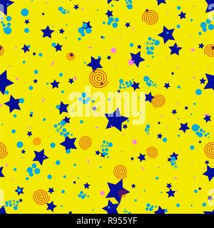 Geometrische nahtlose Muster in abstrakten Memphis style, gold Kreise, Sterne, Spiralen Stock Vektor