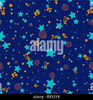 Geometrische nahtlose Muster in abstrakten Memphis style, gold Kreise, Sterne, Spiralen Stock Vektor