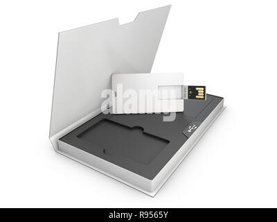 Leere weiße Kunststoff usb-Karte Mockup in der Box, 3D-Darstellung Stockfoto