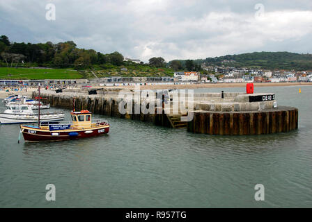 Boote im Hafen, Lyme Regis, Dorset, England Stockfoto