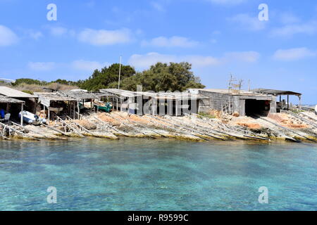 Fischer's Boat Schuppen, Es Calo, Formentera, Balearen, Spanien Stockfoto