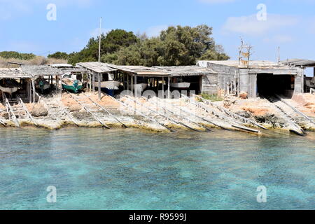 Fischer's Boat Schuppen, Es Calo, Formentera, Balearen, Spanien Stockfoto