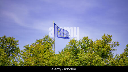 EU-Flagge auf der Pole. Wehende Flagge der Europäischen Union über grüne Bäume. Und blauer Himmel. Stockfoto
