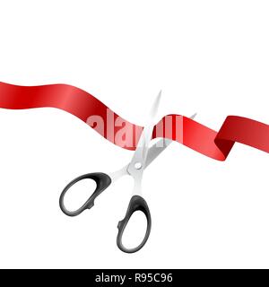 Grand Opening Hintergrund mit realistischen Metall Silber Schere und Red Ribbon Closeup isoliert auf weißem Hintergrund. Design Vorlage der klassischen Schere schneiden Red Ribbon Banner für Eröffnungsfeier Stock Vektor