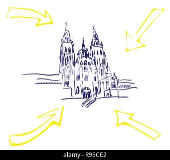 Die Kathedrale von Santiago de Compostela mit gelben Pfeilen Stock Vektor