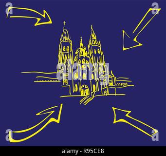 Die Kathedrale von Santiago de Compostela mit gelben Pfeilen Stock Vektor