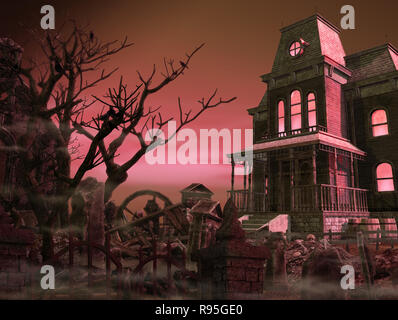 Gespenstisch, unheimlich Herrenhaus von einem alten Friedhof Halloween Nacht umgeben, 3D-Rendering illustration Stockfoto