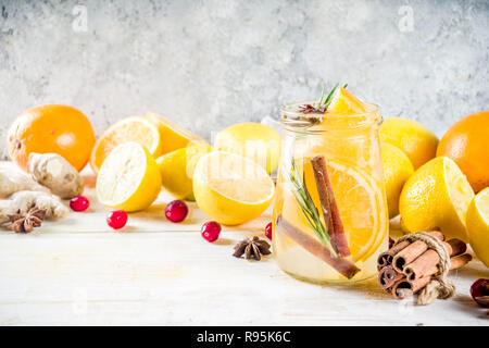 Satz von verschiedenen Herbst und Winter erfrischende Wasser hineingegossen, süß sauer gesunde Getränke mit Orangen, Honig, Cranberry, Minze, Rosmarin, Zimt und Spi Stockfoto