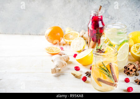 Satz von verschiedenen Herbst und Winter erfrischende Wasser hineingegossen, süß sauer gesunde Getränke mit Orangen, Honig, Cranberry, Minze, Rosmarin, Zimt und Spi Stockfoto