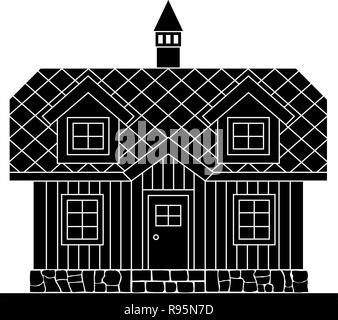 Traditionelle Holzhaus mit einem Wohn- Dachgeschoss. Das Dach ist mit bunten Fliesen bedeckt. Vector Illustration der schwarze Silhouette. Stock Vektor