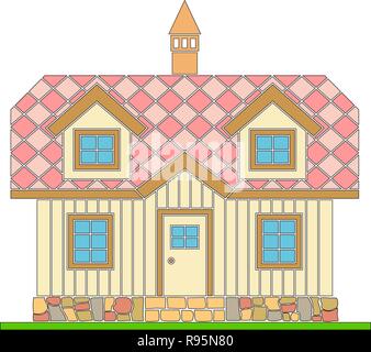 Traditionelle Holzhaus mit einem Wohn- Dachgeschoss. Das Dach ist mit bunten Fliesen bedeckt. Vector Illustration der Farbe Silhouette. Stock Vektor