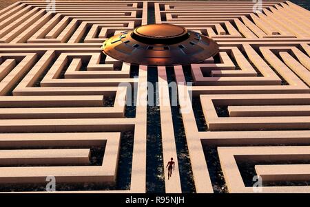 Ein Alien UFO in der Mitte eines Labyrinths Stockfoto