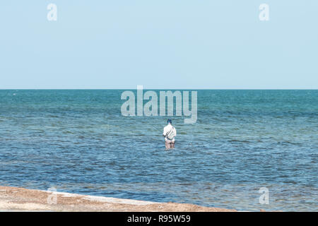 Long Key, USA - Mai 1, 2018: Ein Mann, Fisherman Standing im Inneren, in Wasser, Ozean, Meer zu Fuß mit wasserdichten Wathosen Brust constume, Anzug, Angeln Witz Stockfoto