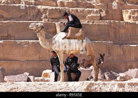 Gizeh, Ägypten - Februar 27: Antiquitäten Polizei in Gizeh am 27. Februar 2010. Antiquitäten Polizei auf dem Kamel und touristische policemans in der Nähe der Pyramide in Gizeh, Ägypten. Stockfoto