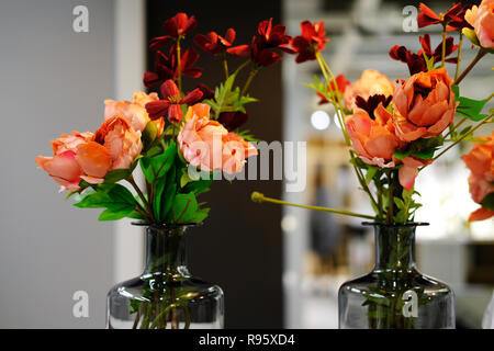 Lebende Korallen Blumen im Glas im Interieur. Farbe des Jahres 2019. Stockfoto