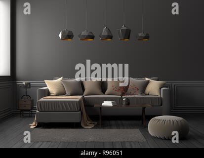 Dunklen modernen Wohnzimmer. 3D-Darstellung Stockfoto